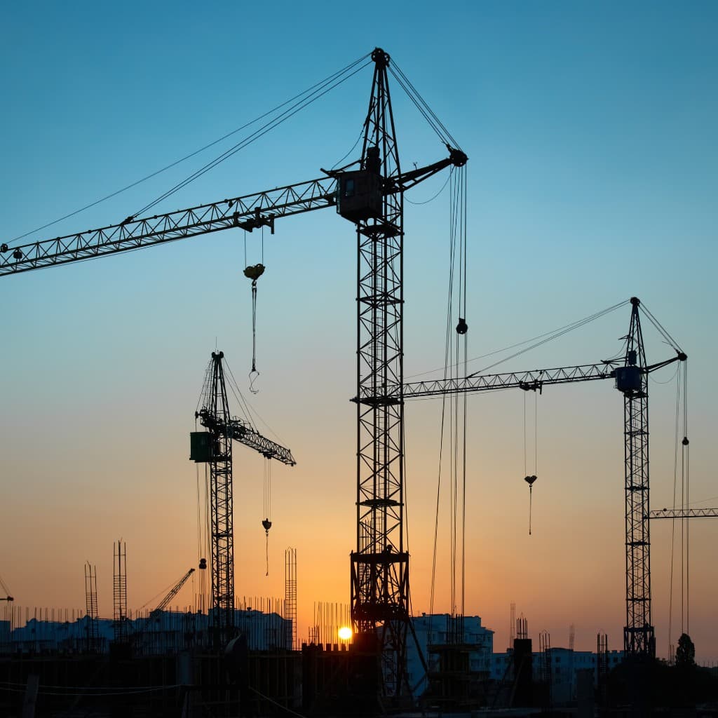 Tower cranes at a construction site at sunset