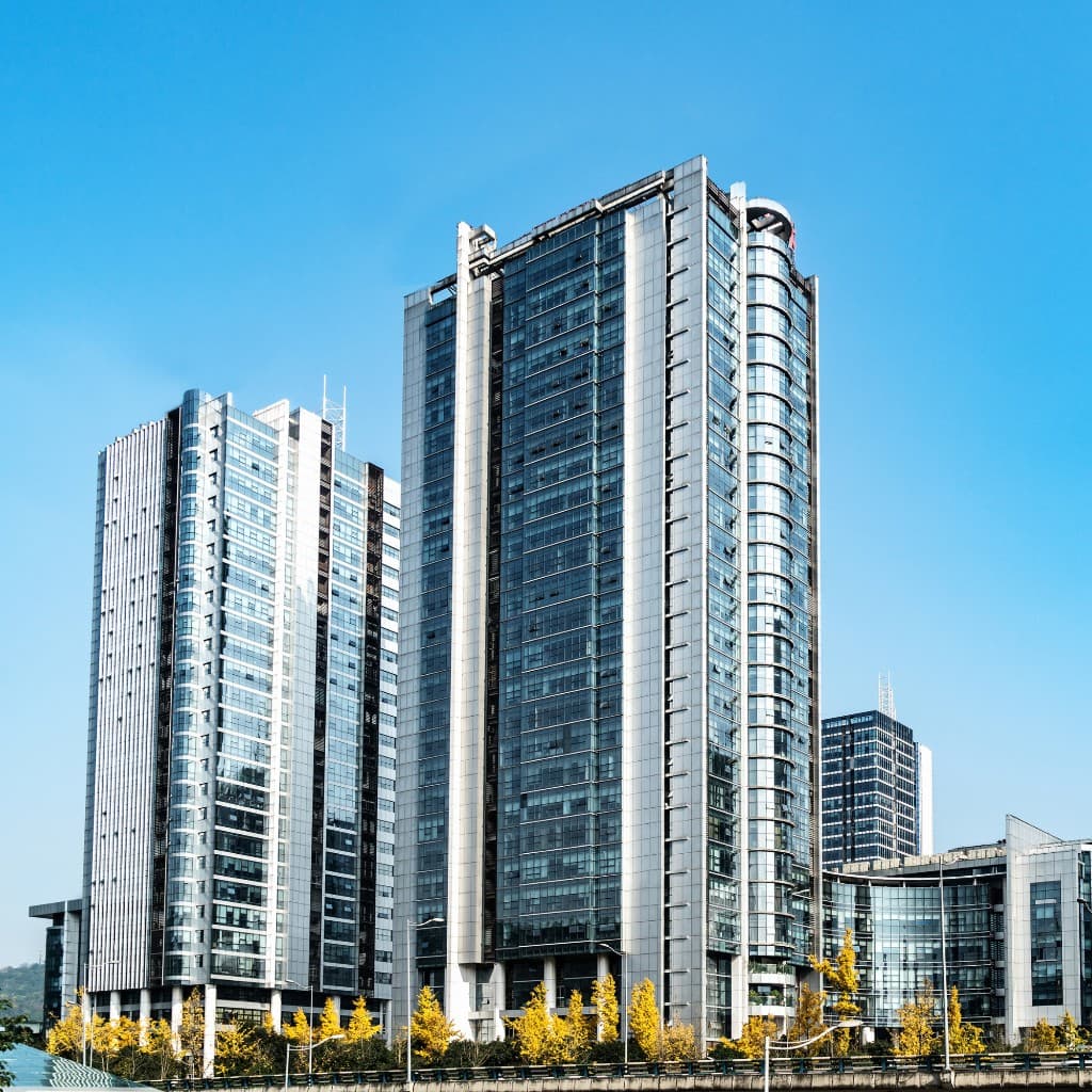 Modern glass skyscrapers in an urban business district
